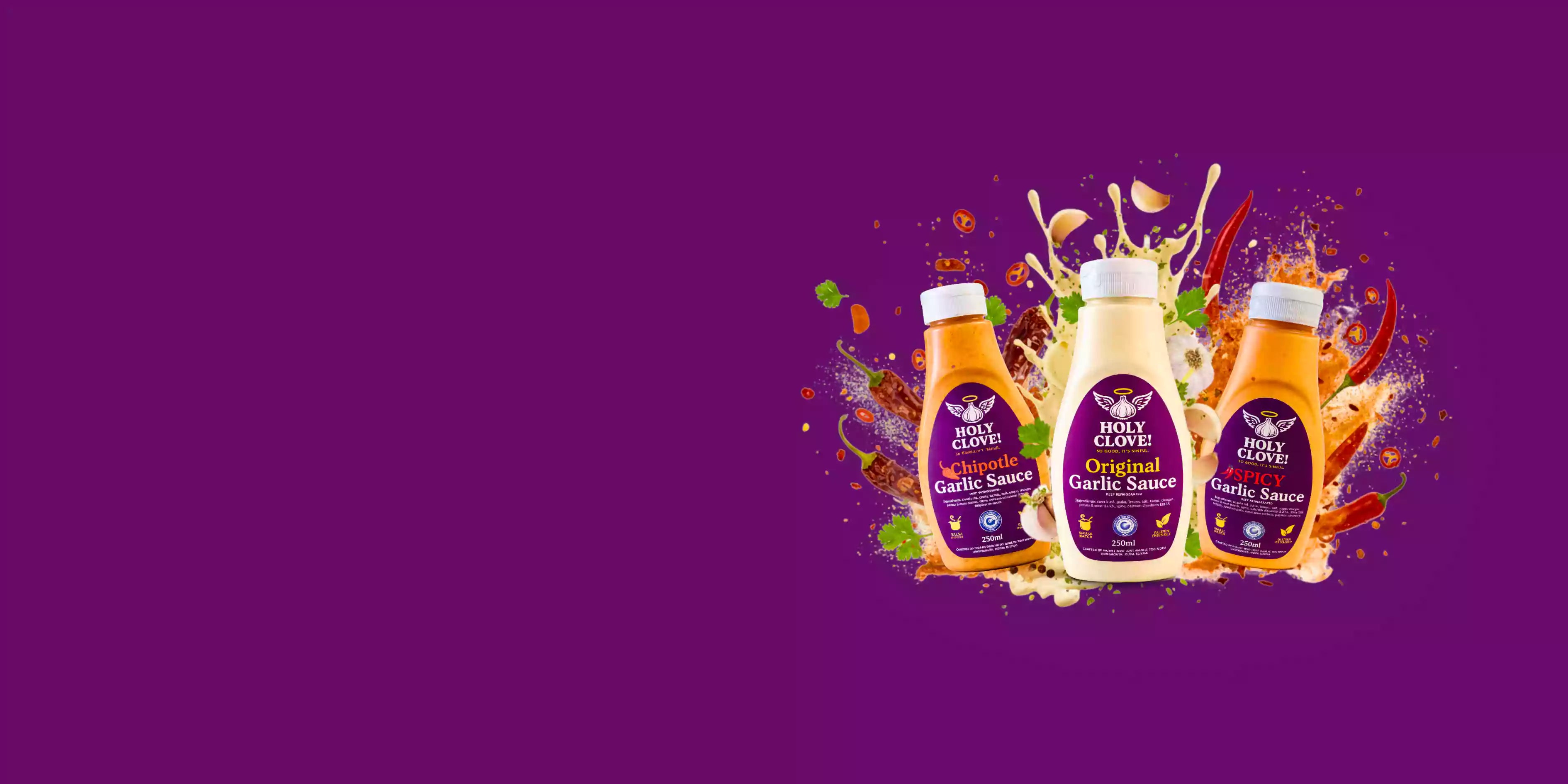 Three bottles of garlic sauce with splashes on a purple background